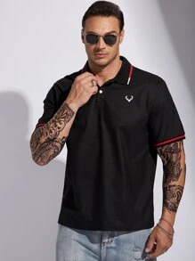 Manfinity Homme Men Plus Antler Print Contrast Trim Polo Shirt - Black - View 7