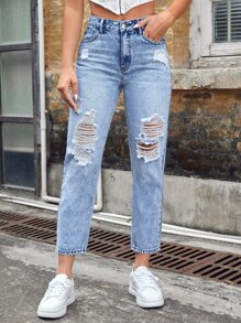 SHEIN Unity Ripped Mom Fit Jeans - Light Wash - View 2