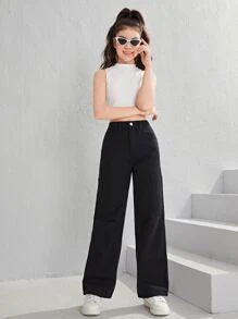 SHEIN 青少年女孩破洞直筒牛仔褲 - 黑色 - 查看 1