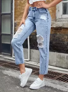 SHEIN Unity Ripped Mom Fit Jeans - Light Wash - View 1