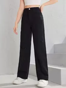 SHEIN 青少年女孩破洞直筒牛仔褲 - 黑色 - 查看 4