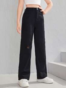 SHEIN 青少年女孩破洞直筒牛仔褲 - 黑色 - 查看 5