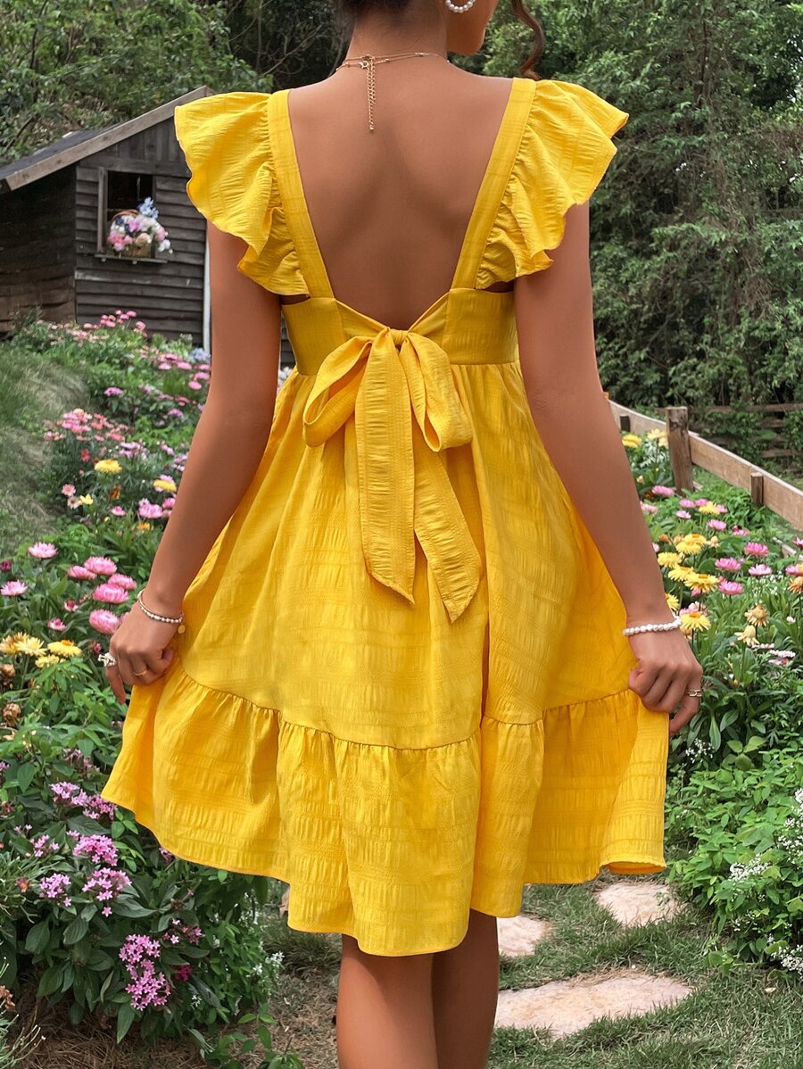 SHEIN Maternidad Vestido de espalda abierta con cordón ribete con fruncido - Amarillo - Ver 1