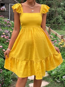 SHEIN Maternidad Vestido de espalda abierta con cordón ribete con fruncido - Amarillo - Ver 2