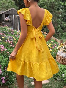 SHEIN Maternidad Vestido de espalda abierta con cordón ribete con fruncido - Amarillo - Ver 3