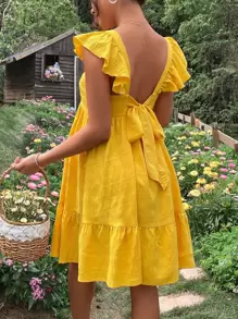 SHEIN Maternidad Vestido de espalda abierta con cordón ribete con fruncido - Amarillo - Ver 4