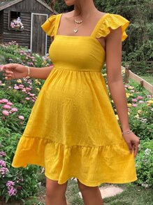 SHEIN Maternidad Vestido de espalda abierta con cordón ribete con fruncido - Amarillo - Ver 6