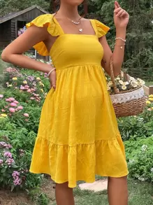 SHEIN Maternidad Vestido de espalda abierta con cordón ribete con fruncido - Amarillo - Ver 7