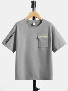 SHEIN Tops con trai Túi Lá thư Giải trí - Xám - Xem 2