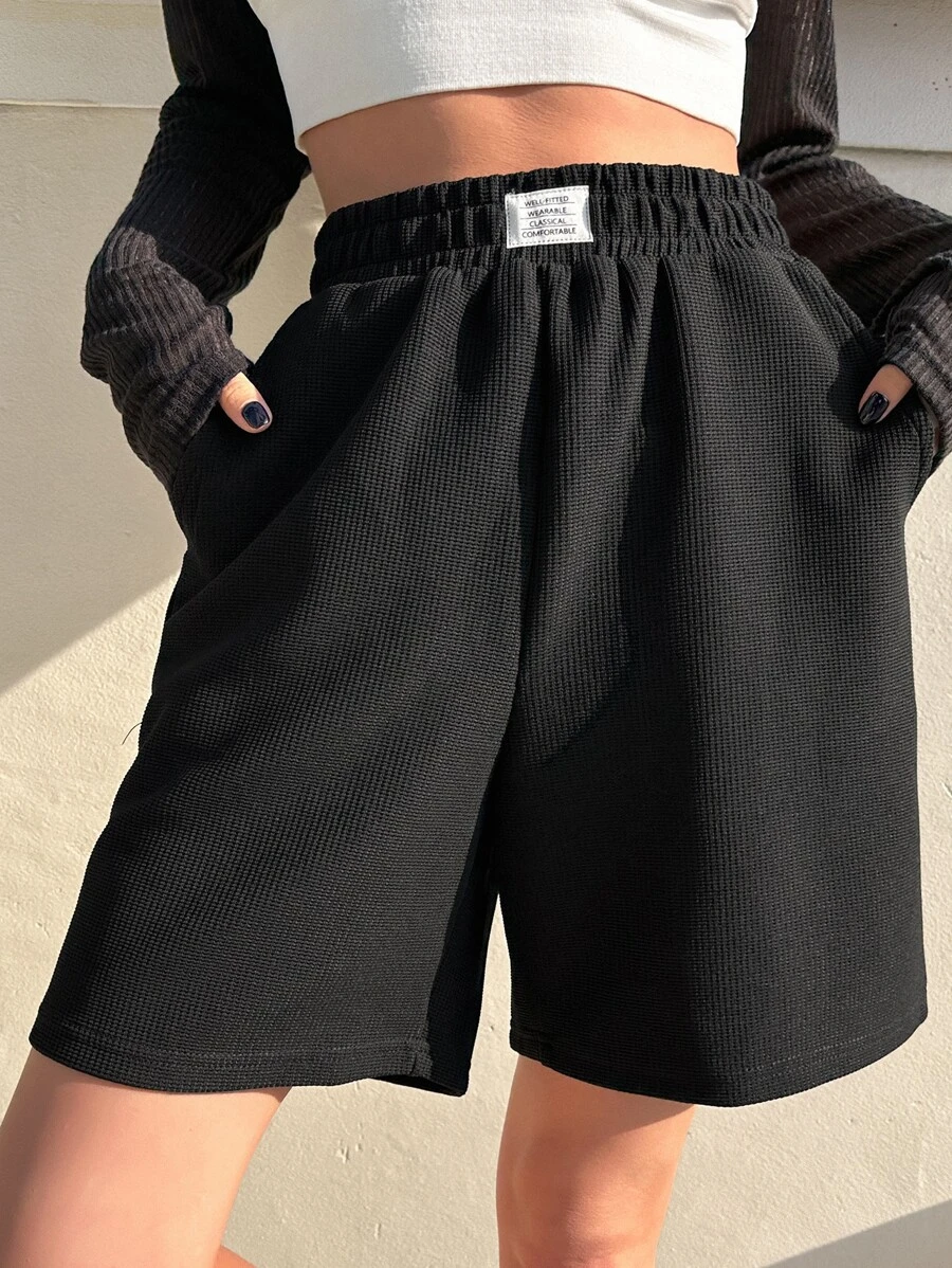DAZY Letter Patched Detail Slant Pocket Shorts - Black - View 1