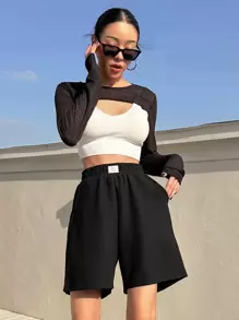 DAZY Letter Patched Detail Slant Pocket Shorts - Black - View 5