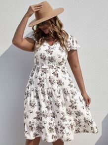 SHEIN Clasi Vestido con estampado floral bajo con fruncido - Blanco - Ver 1
