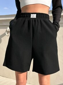 DAZY Letter Patched Detail Slant Pocket Shorts - Black - View 8
