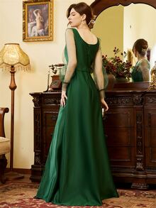 Contrast Mesh Lantern Sleeve Split Thigh Satin Formal Dress - Green - View 2