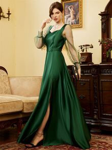Contrast Mesh Lantern Sleeve Split Thigh Satin Formal Dress - Green - View 4