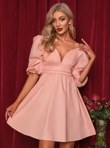 Double Crazy Đầm Lộ Lưng Xù Dây kéo màu trơn Thanh lịch - Màu Hồng baby - Xem 1