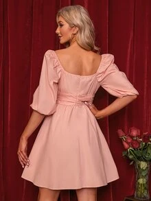 Double Crazy Đầm Lộ Lưng Xù Dây kéo màu trơn Thanh lịch - Màu Hồng baby - Xem 2