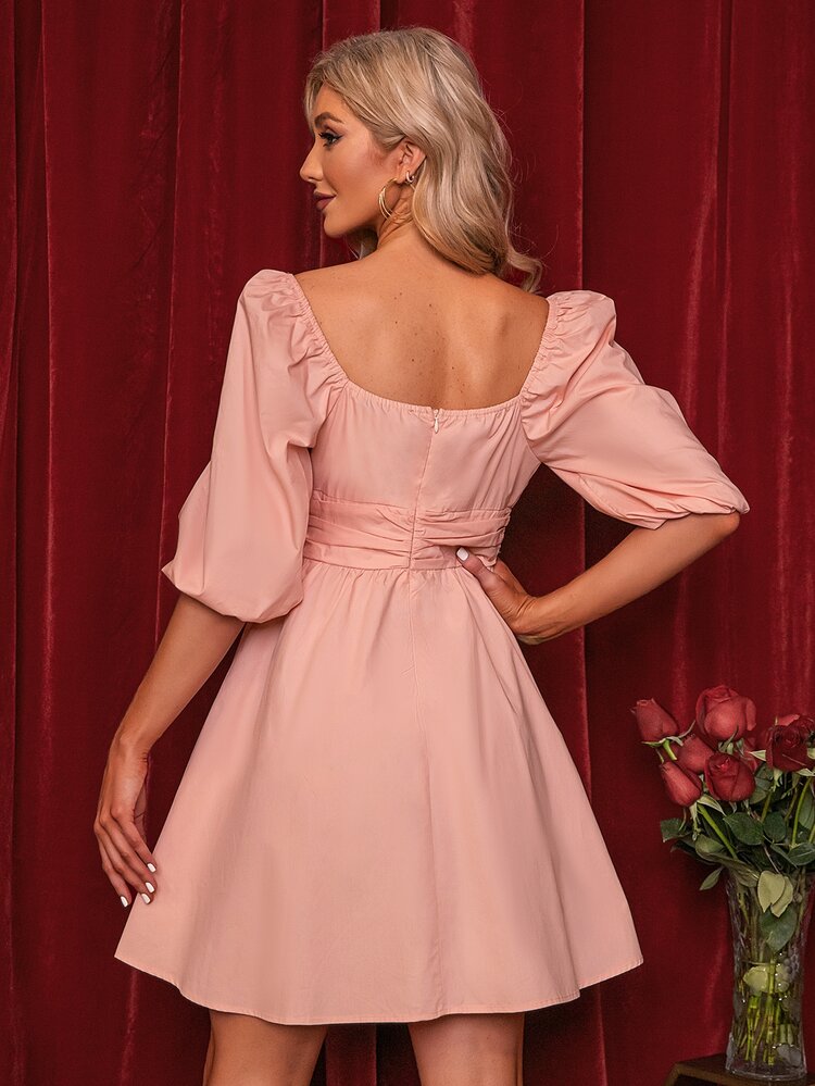 Double Crazy Đầm Lộ Lưng Xù Dây kéo màu trơn Thanh lịch - Màu Hồng baby - Xem 2