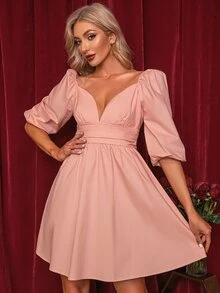 Double Crazy Đầm Lộ Lưng Xù Dây kéo màu trơn Thanh lịch - Màu Hồng baby - Xem 4