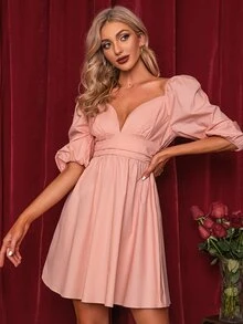 Double Crazy Đầm Lộ Lưng Xù Dây kéo màu trơn Thanh lịch - Màu Hồng baby - Xem 5