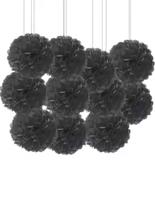 18入組/套純色紙燈籠派對用創意黑色懸掛紙巾絨球裝飾 - 黑色 - 查看 1
