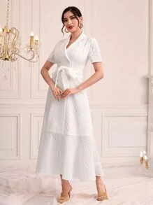 Modelyn Váy Ả Rập Thắt lưng Viên lá sen Nút đôi màu trơn Thanh lịch - trắng - Xem 3