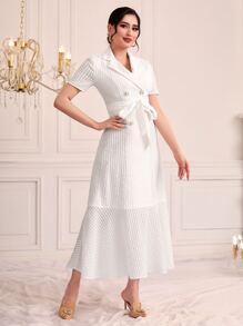 Modelyn Váy Ả Rập Thắt lưng Viên lá sen Nút đôi màu trơn Thanh lịch - trắng - Xem 4