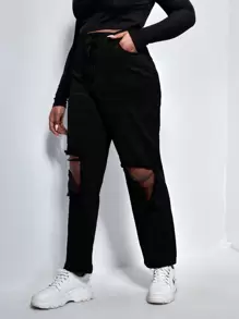 Plus High Waist Ripped Straight Leg Jeans - Black - View 1