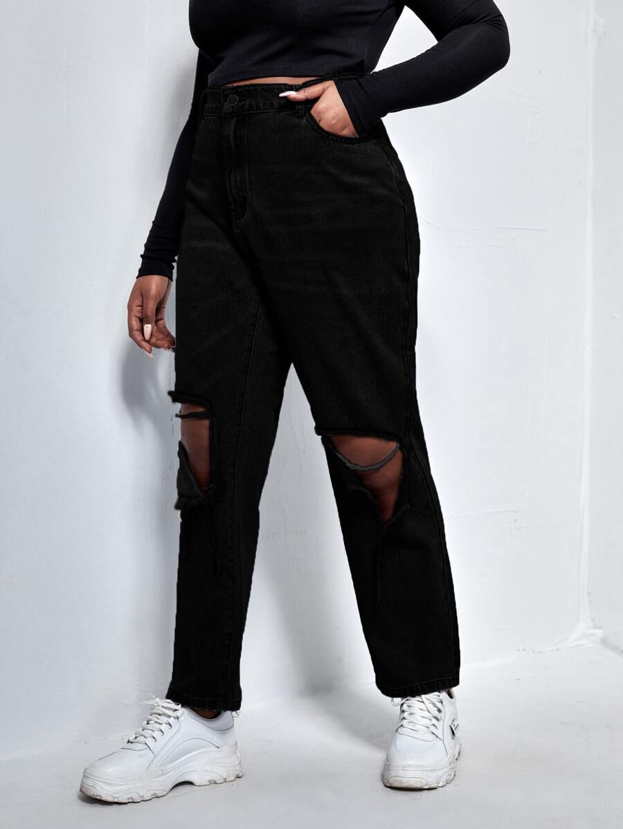 Plus High Waist Ripped Straight Leg Jeans - Black - View 1