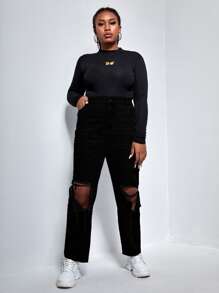 Plus High Waist Ripped Straight Leg Jeans - Black - View 3