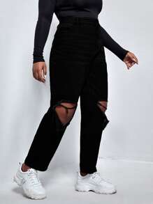 Plus High Waist Ripped Straight Leg Jeans - Black - View 4