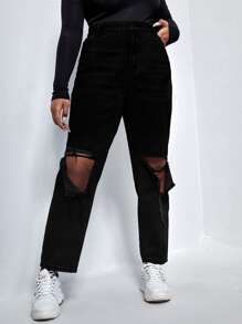Plus High Waist Ripped Straight Leg Jeans - Black - View 5