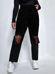 Plus High Waist Ripped Straight Leg Jeans - Black - View 6