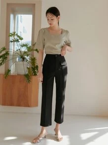 DAZY 素色九分直筒褲 - 黑色 - 查看 3