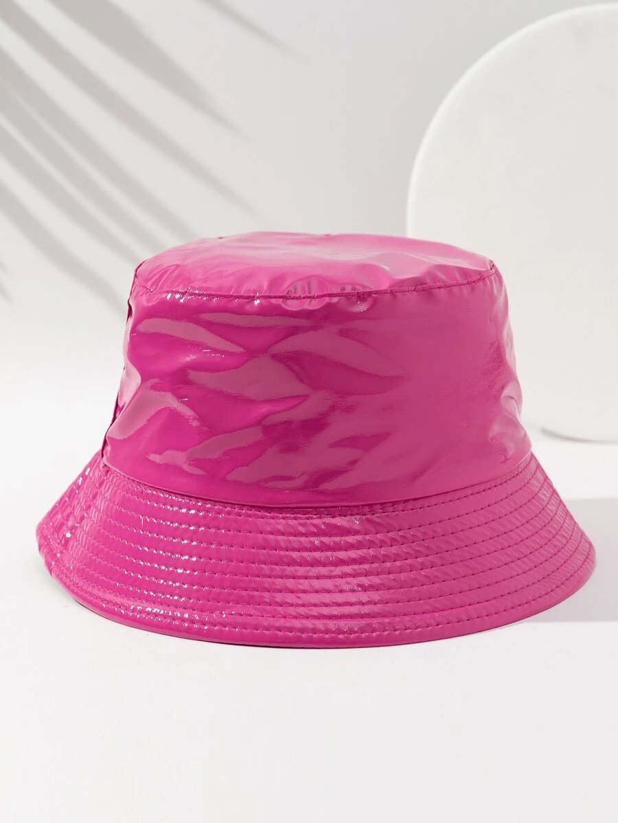 素色兩面可戴亮面漁夫帽 - 玫紅色 - 查看 1