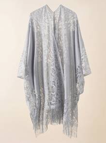 Hollow Out Fringe Hem Shawl - Grey - View 1