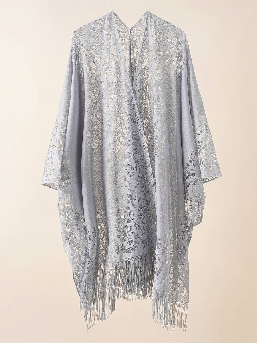 Hollow Out Fringe Hem Shawl - Grey - View 1
