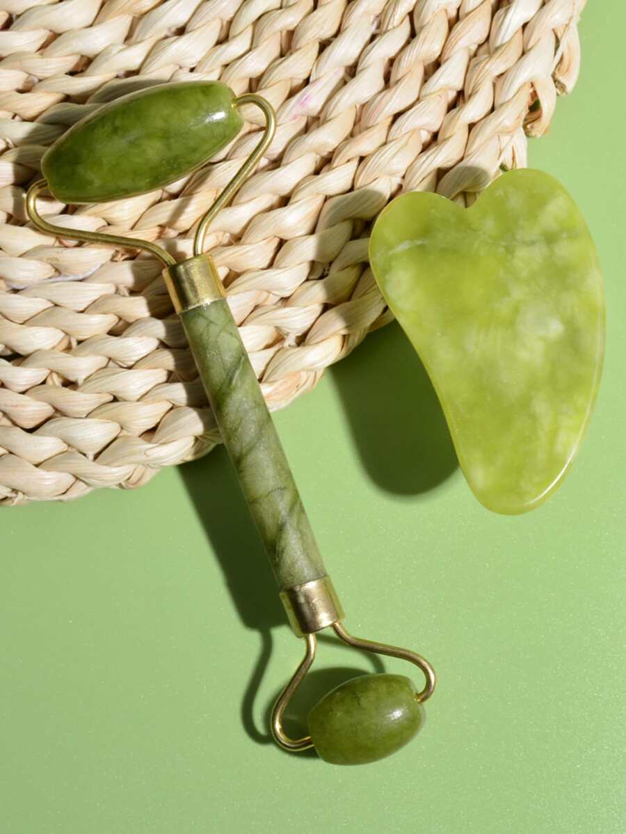 Rodillo de Jade Natural, masajeador Gua Sha para belleza Facial, Set de salud, rodillo Gouache, eliminador de arrugas faciales, herramientas de masaje para el cuidado de la piel - Verde - Ver 1