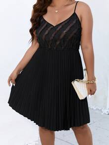 SHEIN Clasi Plus Contrast Mesh Pleated Hem Cami Dress - Black - View 6