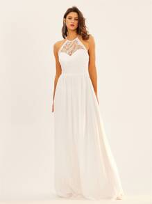 Guipure Lace Insert Halter Neck Backless Chiffon Maxi Wedding Dress - White - View 1