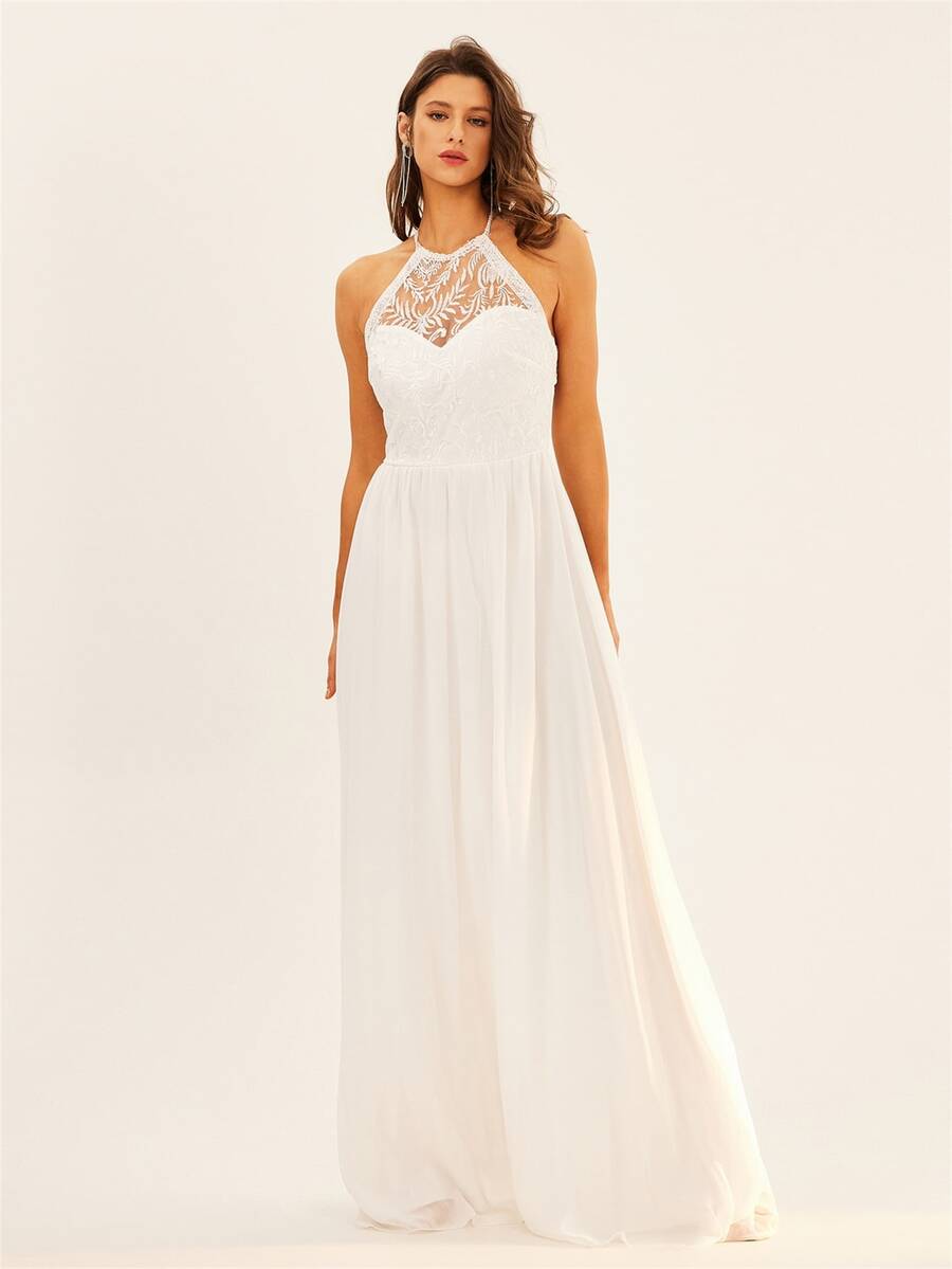 Guipure Lace Insert Halter Neck Backless Chiffon Maxi Wedding Dress - White - View 1