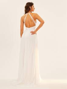 Guipure Lace Insert Halter Neck Backless Chiffon Maxi Wedding Dress - White - View 2