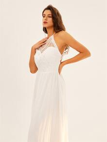 Guipure Lace Insert Halter Neck Backless Chiffon Maxi Wedding Dress - White - View 3