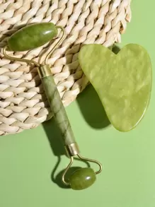 Natural Jade Roller Guasha Skin Scraper Facial Set Gua Sha Stone Firming Anti-Aging Eyes Massager Neck Anti Wrinkle,Beauty,Skin Care Products,Spa,Self Care,Skin Care Tools,Face Care,Esthetician Supplies,Massage,Face Massage Tool,Face Roller - Green - View 1