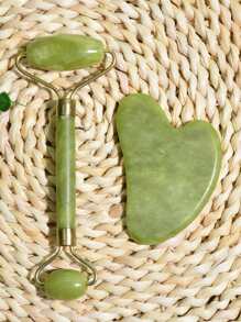 Natural Jade Roller Guasha Skin Scraper Facial Set Gua Sha Stone Firming Anti-Aging Eyes Massager Neck Anti Wrinkle,Beauty,Skin Care Products,Spa,Self Care,Skin Care Tools,Face Care,Esthetician Supplies,Massage,Face Massage Tool,Face Roller - Green - View 2
