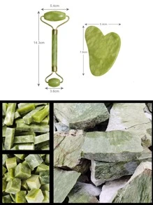Natural Jade Roller Guasha Skin Scraper Facial Set Gua Sha Stone Firming Anti-Aging Eyes Massager Neck Anti Wrinkle,Beauty,Skin Care Products,Spa,Self Care,Skin Care Tools,Face Care,Esthetician Supplies,Massage,Face Massage Tool,Face Roller - Green - View 9
