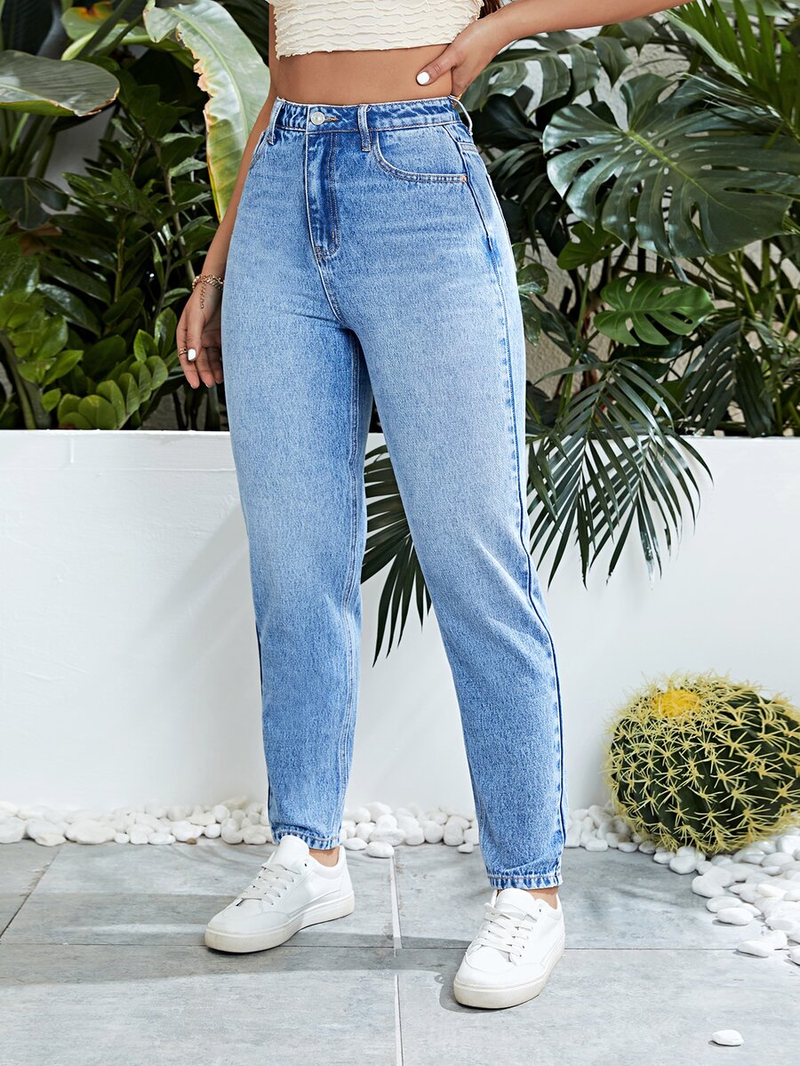 High Waist Bleach Wash Mom Fit Jeans - Light Wash - View 1