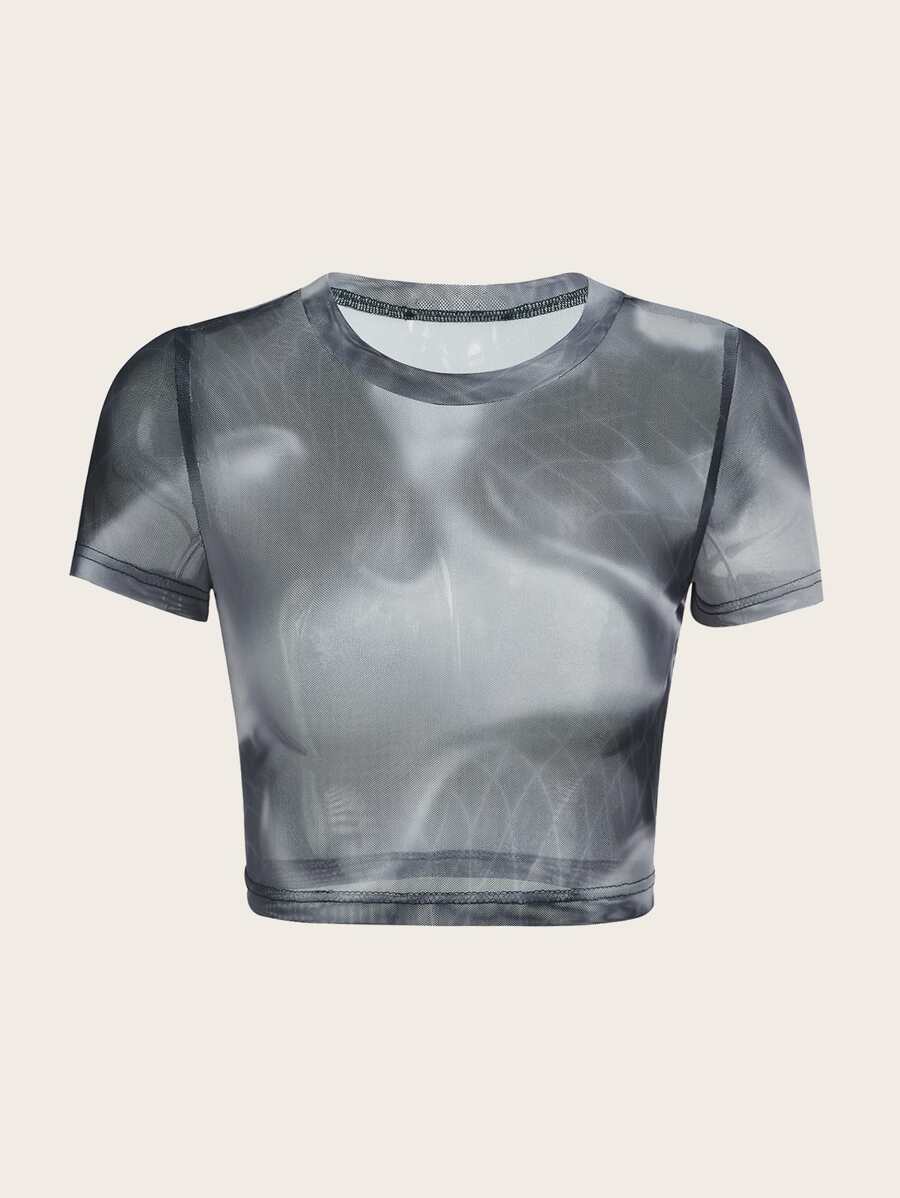 SHEIN ICON Áo nữ cắt Tất cả trên in Gợi cảm - Xám - Xem 1