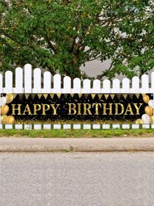 1入組黑金氣球風格生日聚酯橫幅，帶有“生日快樂”，照相亭背景布完美裝飾生日成人儀式派對，戶外圍欄裝飾，男孩和女孩生日家庭度假派對房間牆壁裝飾用品