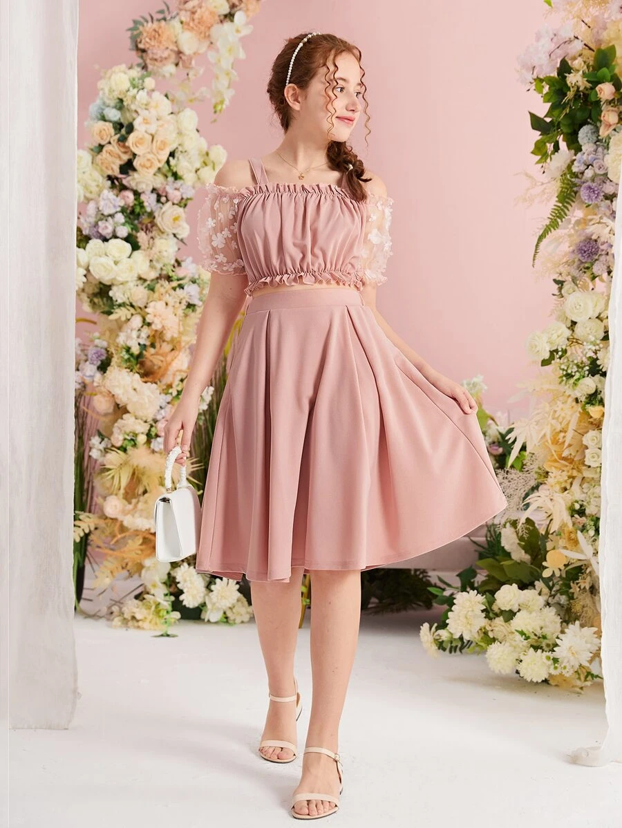 SHEIN 青少年女孩貼花網紗袖上衣和裙子套裝 - 珊瑚粉 - 查看 1